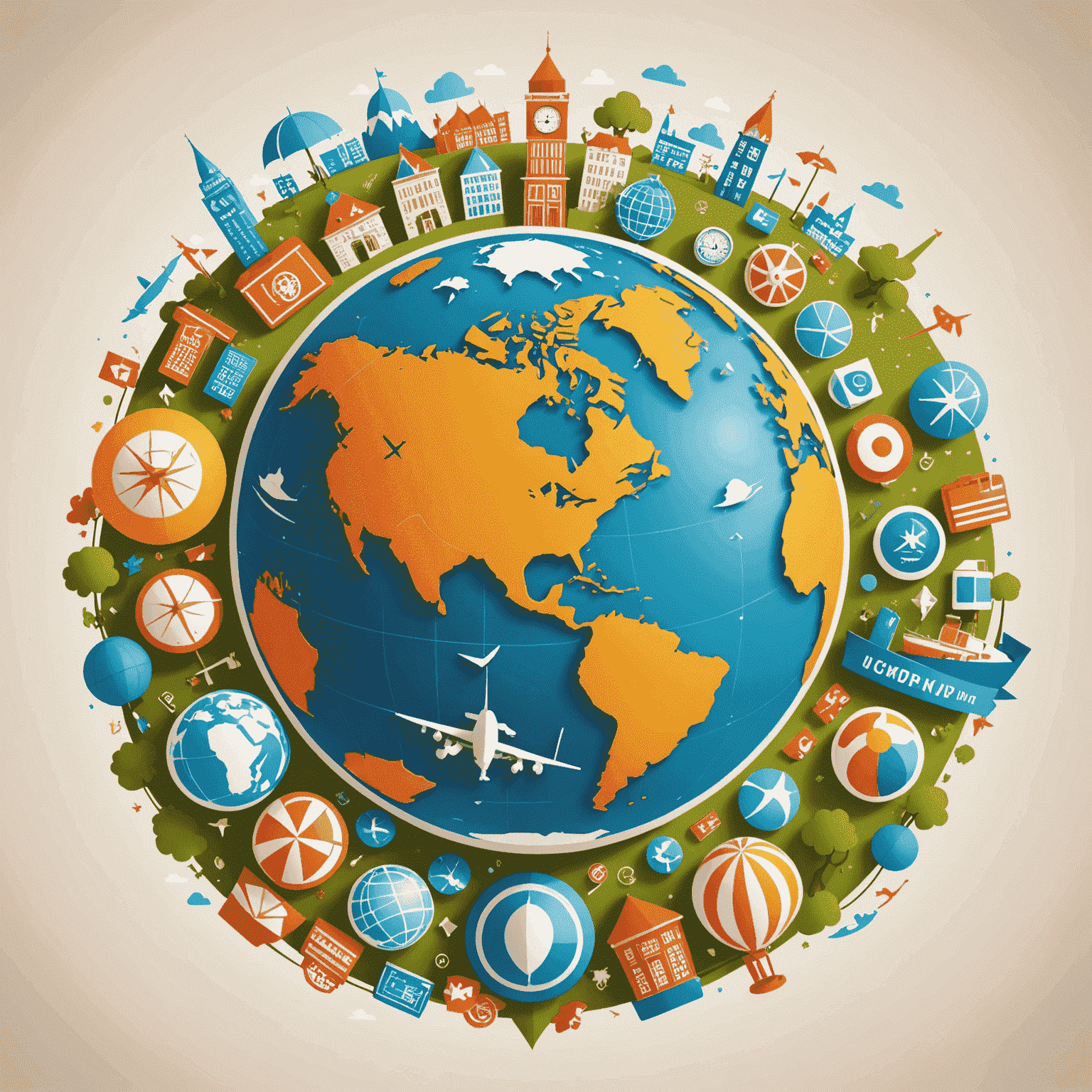 Gmpn logo - A stylized globe with playful travel icons