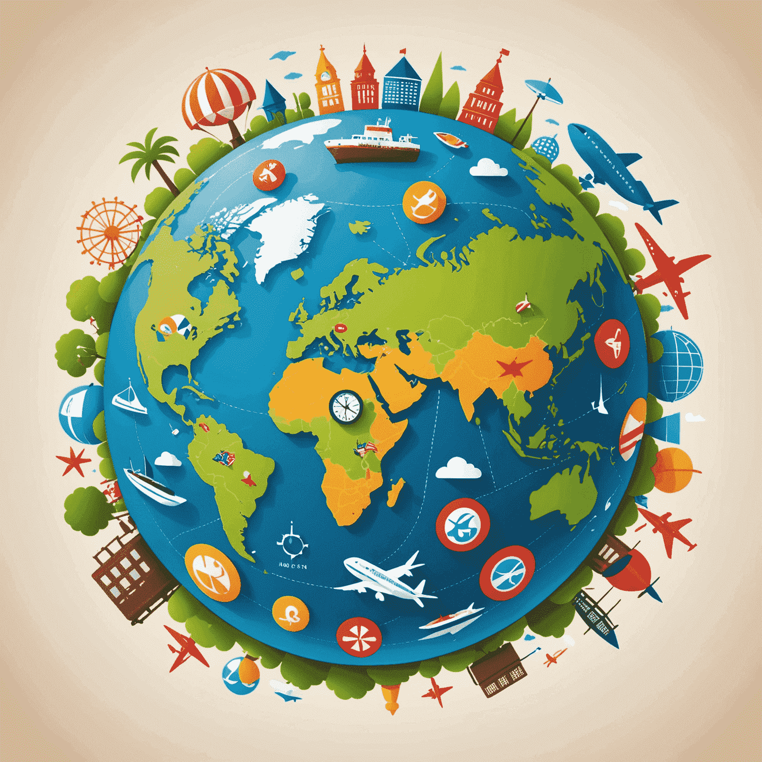 Gmpn logo - A stylized globe with playful travel icons