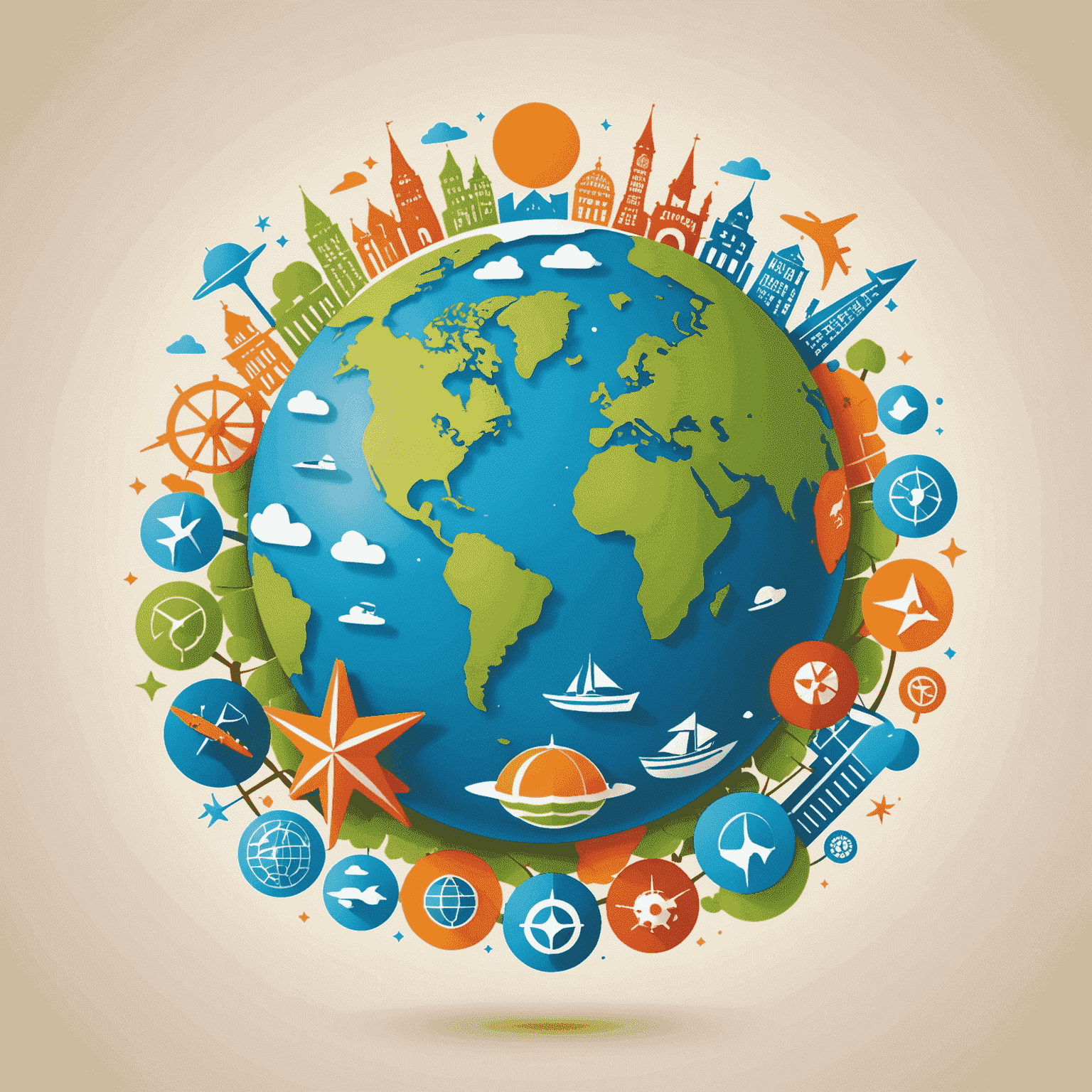 Gmpn logo - A stylized globe with playful travel icons