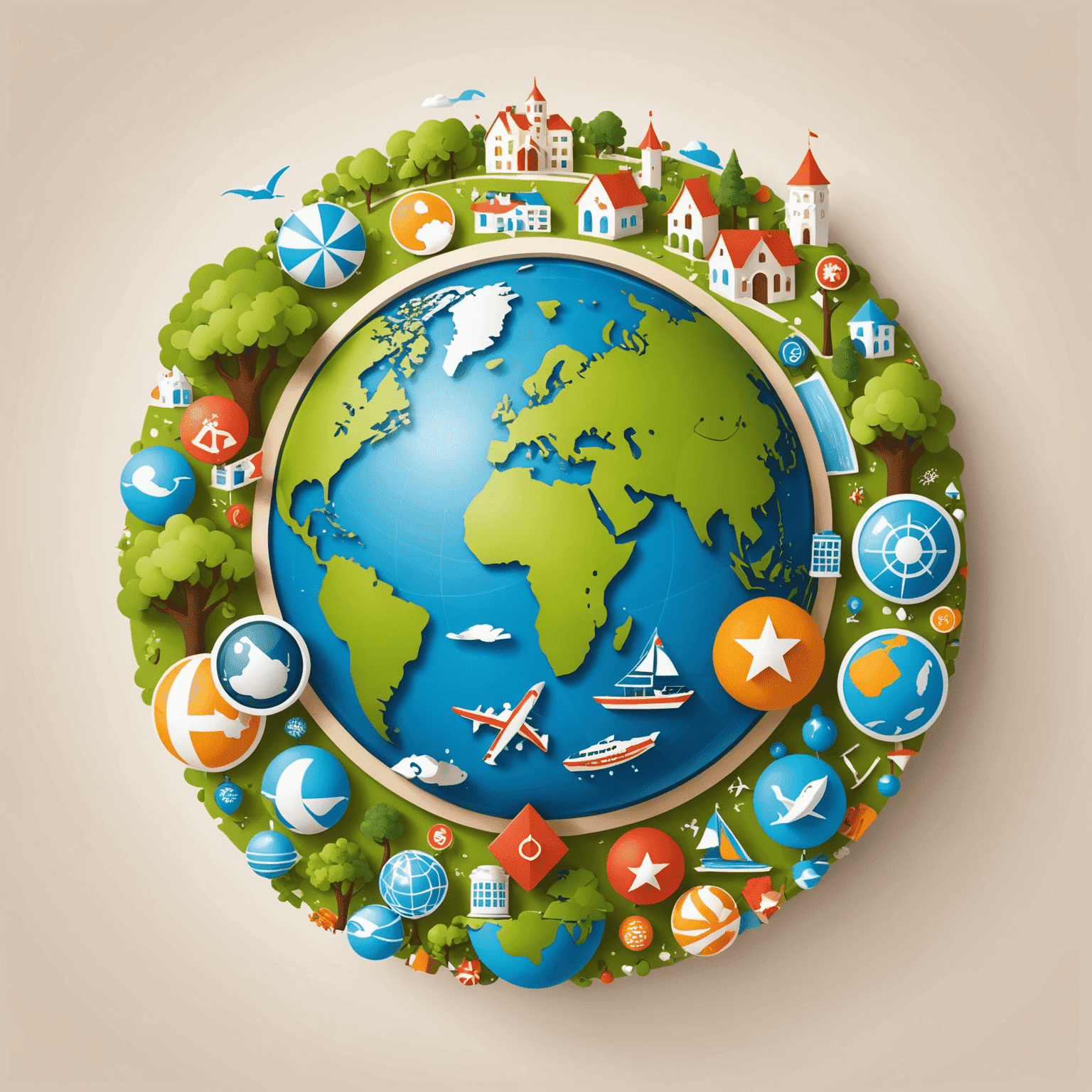 Gmpn logo - A stylized globe with playful travel icons