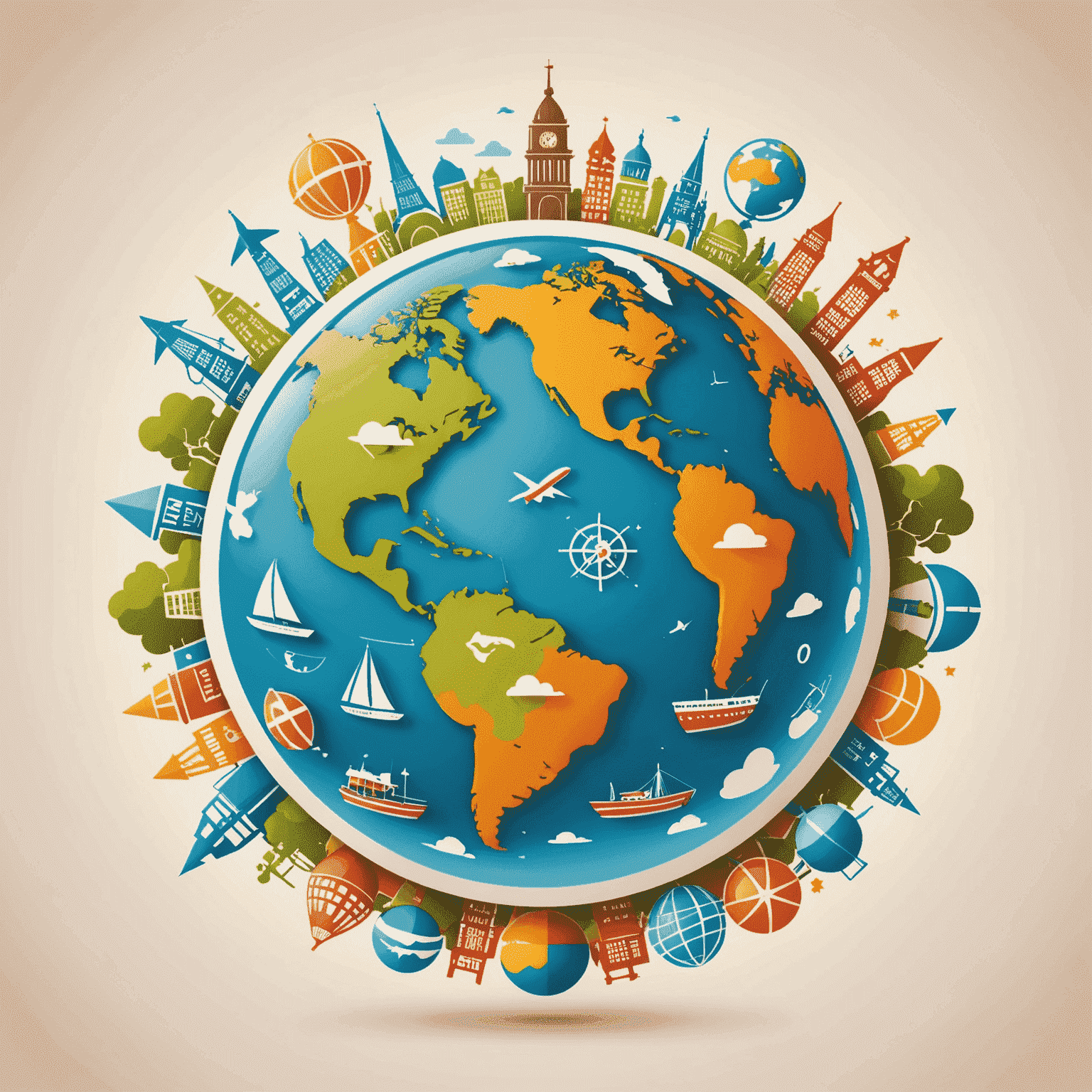 Gmpn logo - A stylized globe with playful travel icons