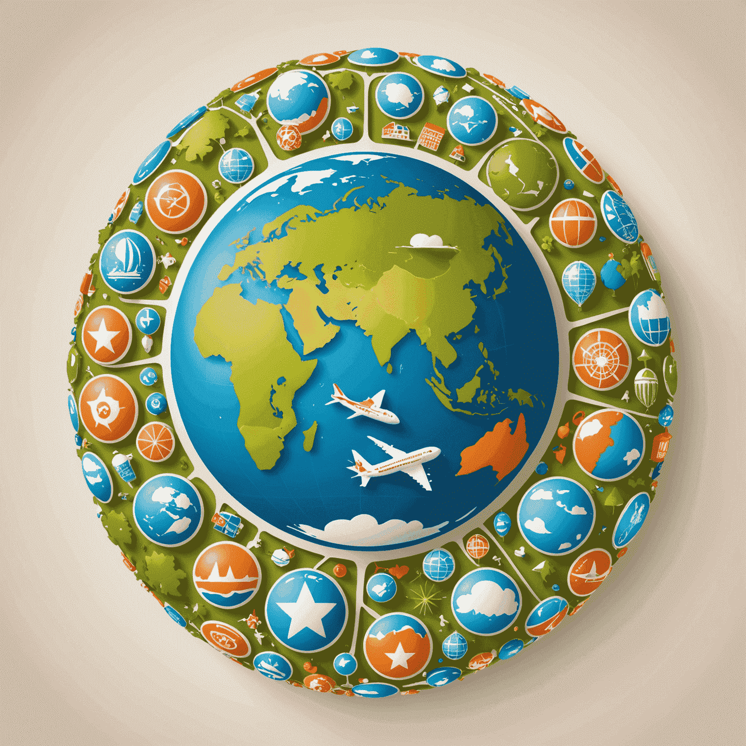 Gmpn logo - A stylized globe with playful travel icons