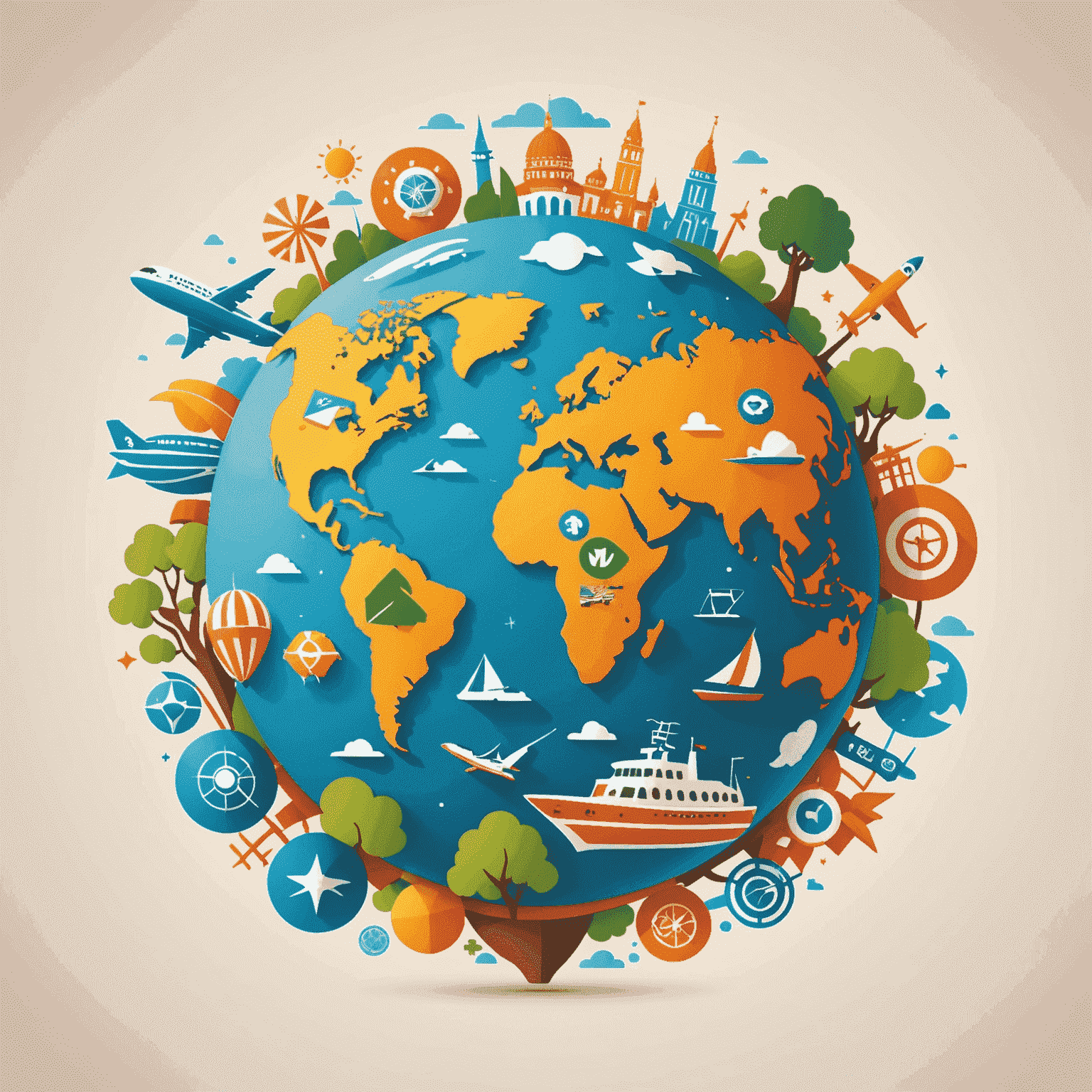 Gmpn logo - A stylized globe with playful travel icons