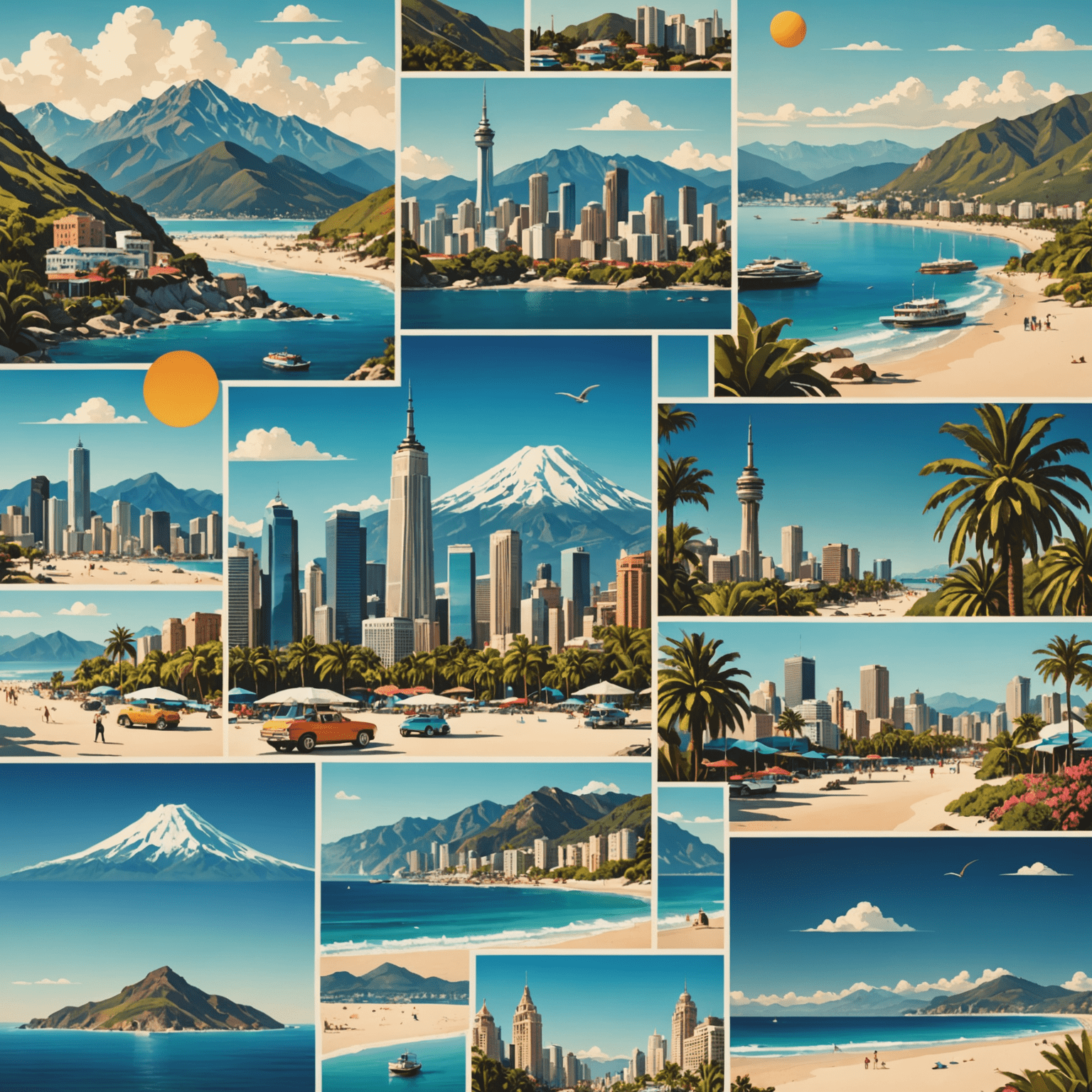 A collage of trendy travel destinations including beaches, mountains, and city skylines