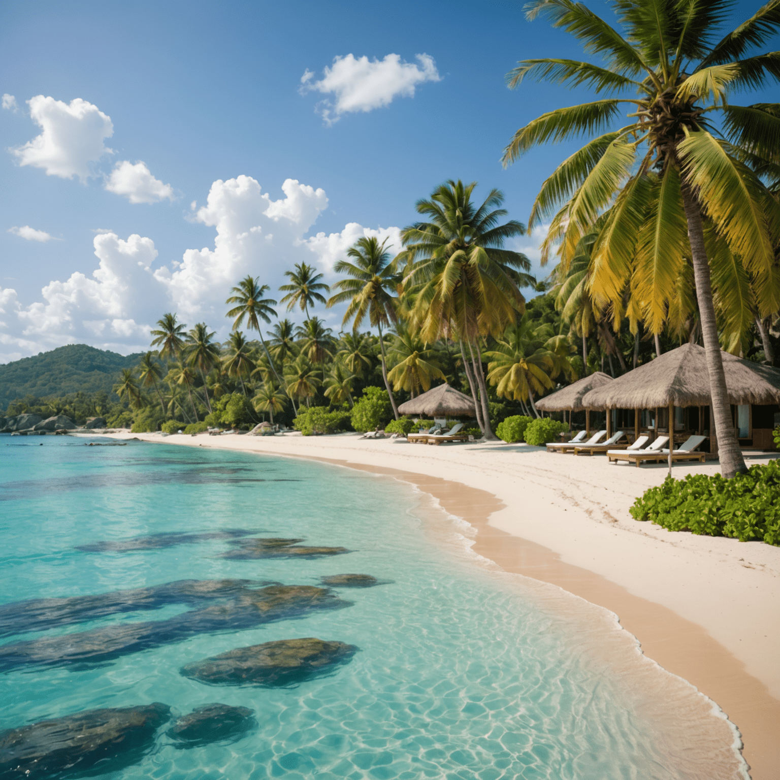 Panoramic view of a tropical beach with crystal clear water, palm trees, and a luxurious resort in the background, representing one of the hottest travel destinations