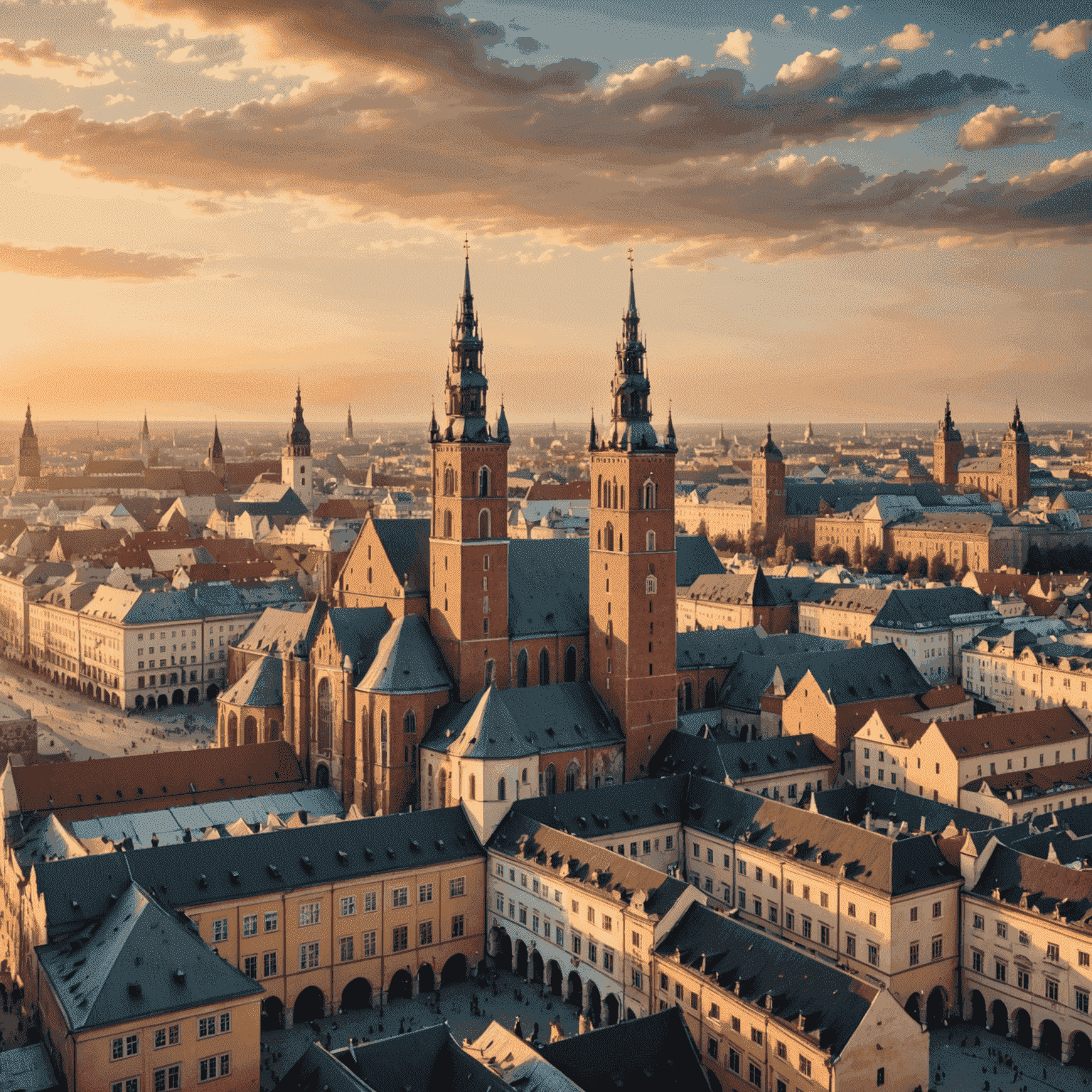 Panoramic view of Krakow's Old Town with St. Mary's Basilica and the Cloth Hall visible in the golden light of sunset