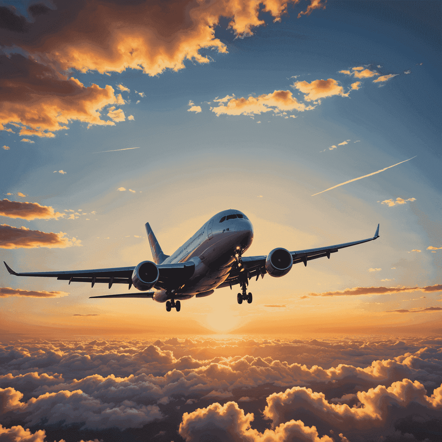 An airplane taking off against a sunset sky, symbolizing flight bookings and travel adventures