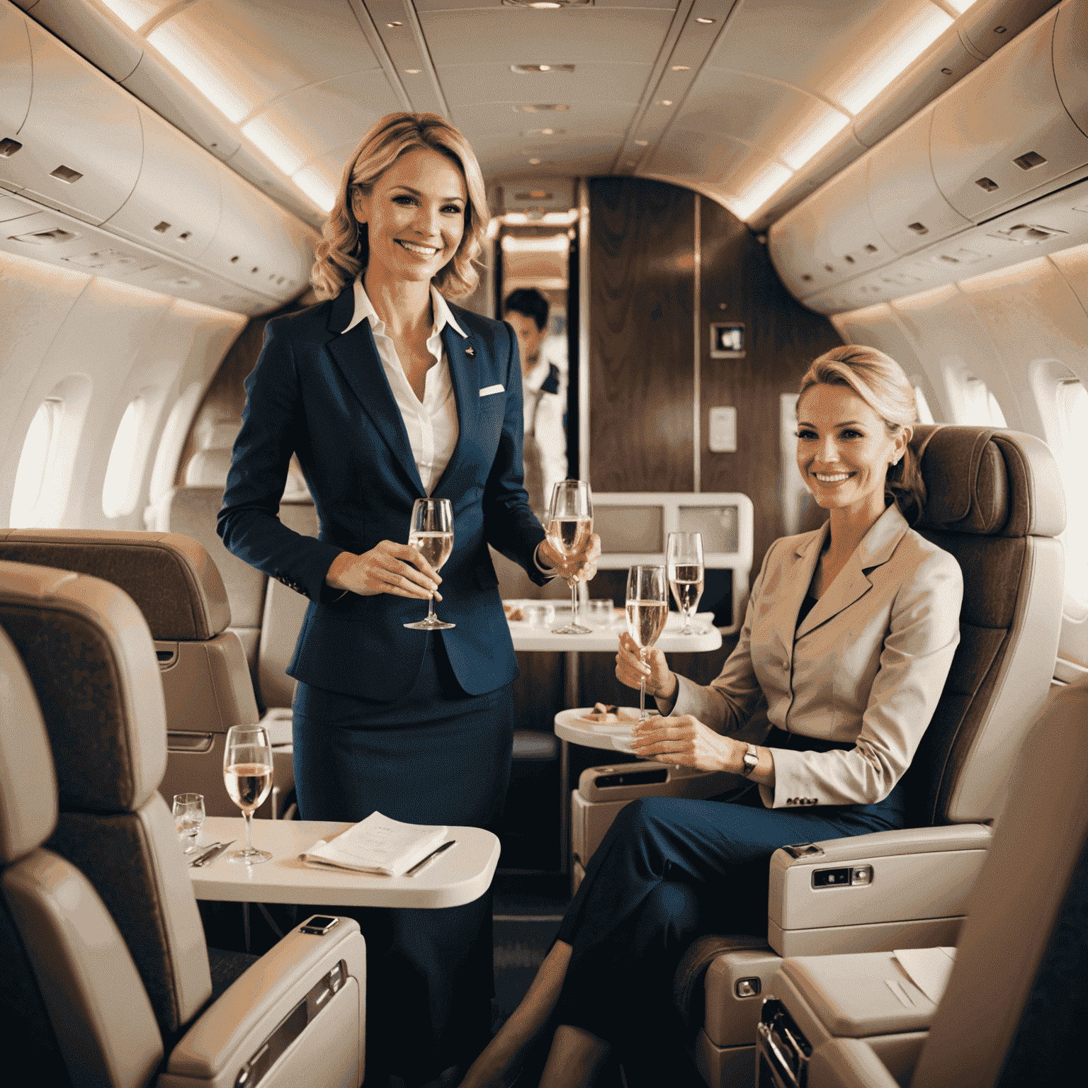 A luxurious airplane interior with comfortable seats and a smiling flight attendant offering champagne to passengers