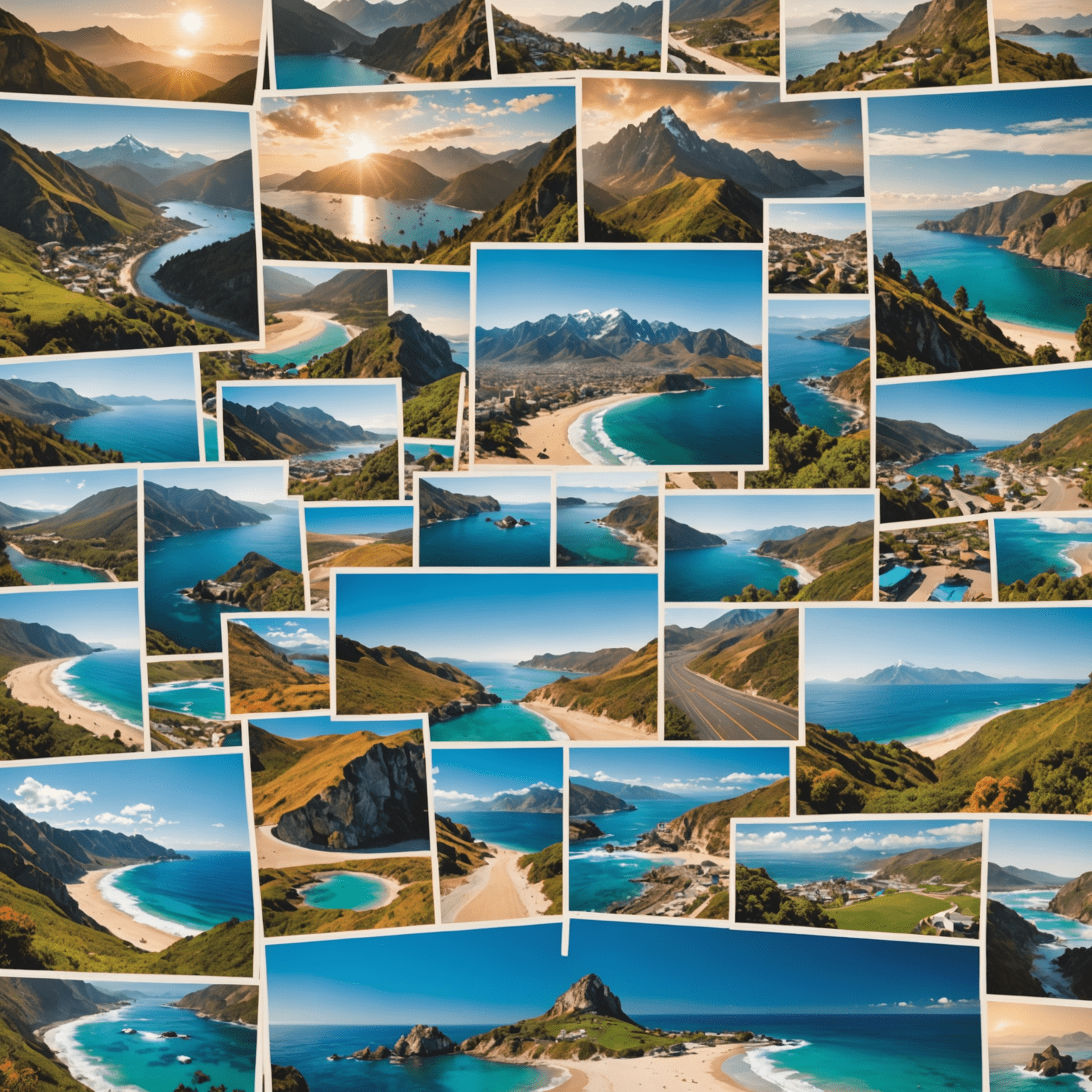 A collage of beautiful travel destinations, showcasing beaches, mountains, and cities