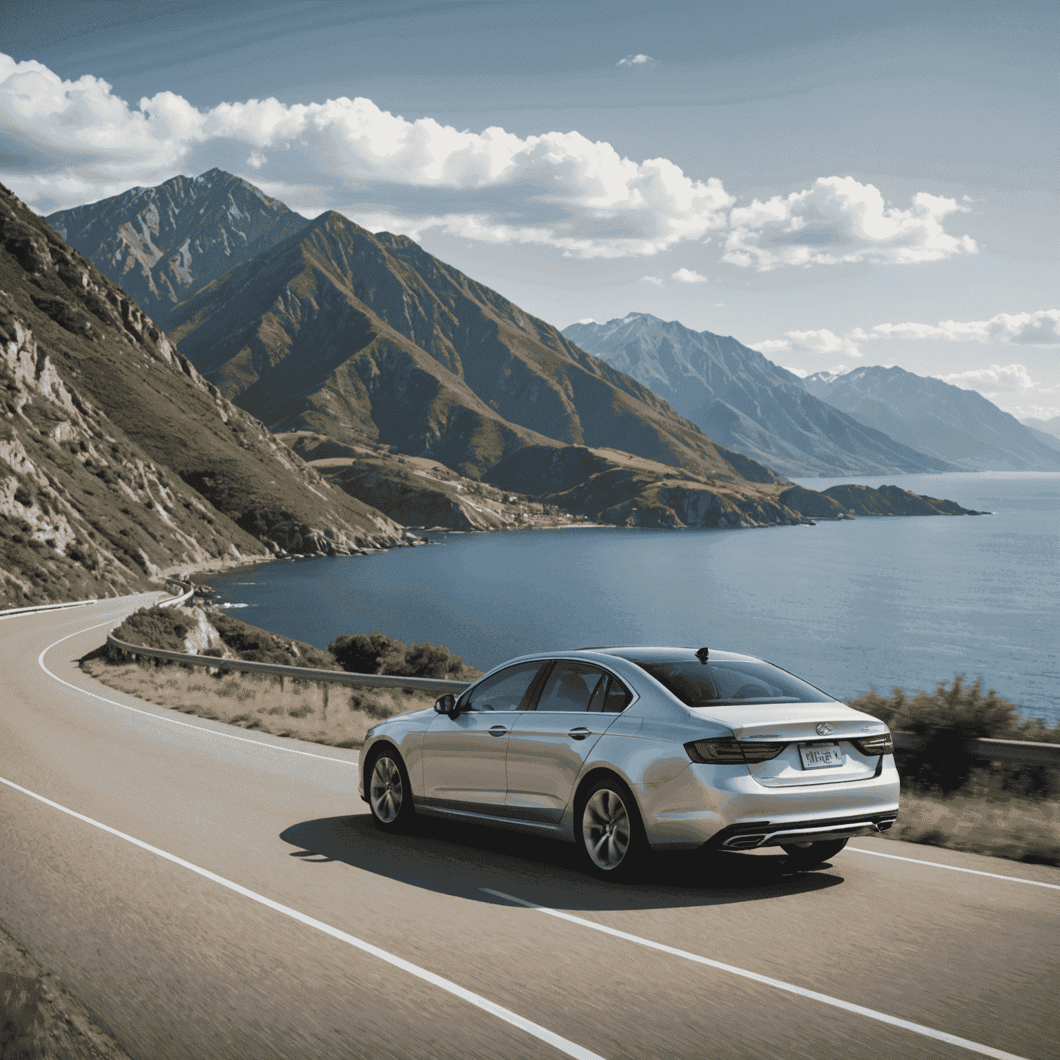 A sleek, modern car parked in a scenic location, ready for a road trip adventure. The car is a mid-size sedan in silver color, parked near a coastal road with mountains in the background.