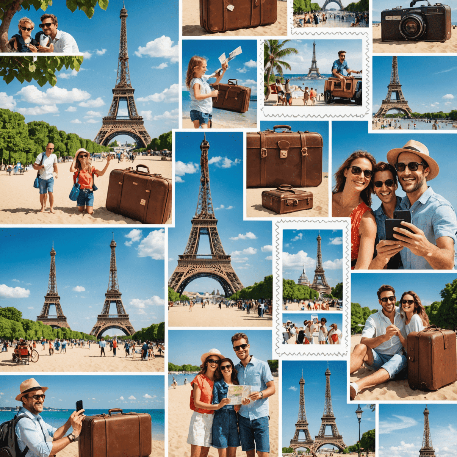 A collage of travel scenes: a passport with stamps, a suitcase on a tropical beach, and a family taking a selfie in front of the Eiffel Tower