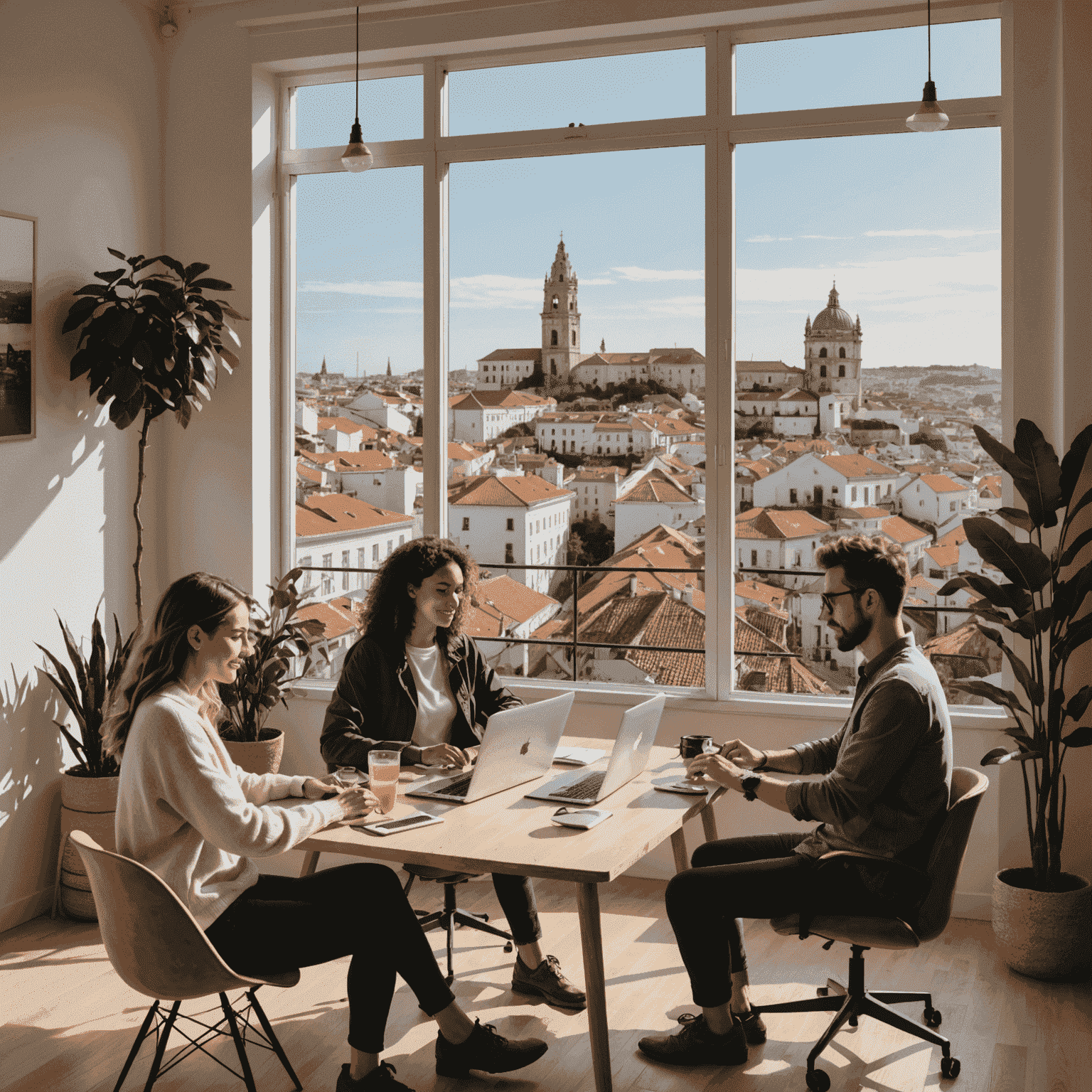 A cozy co-working space with a diverse group of digital nomads working on laptops, overlooking a beautiful cityscape, possibly Lisbon or Bali