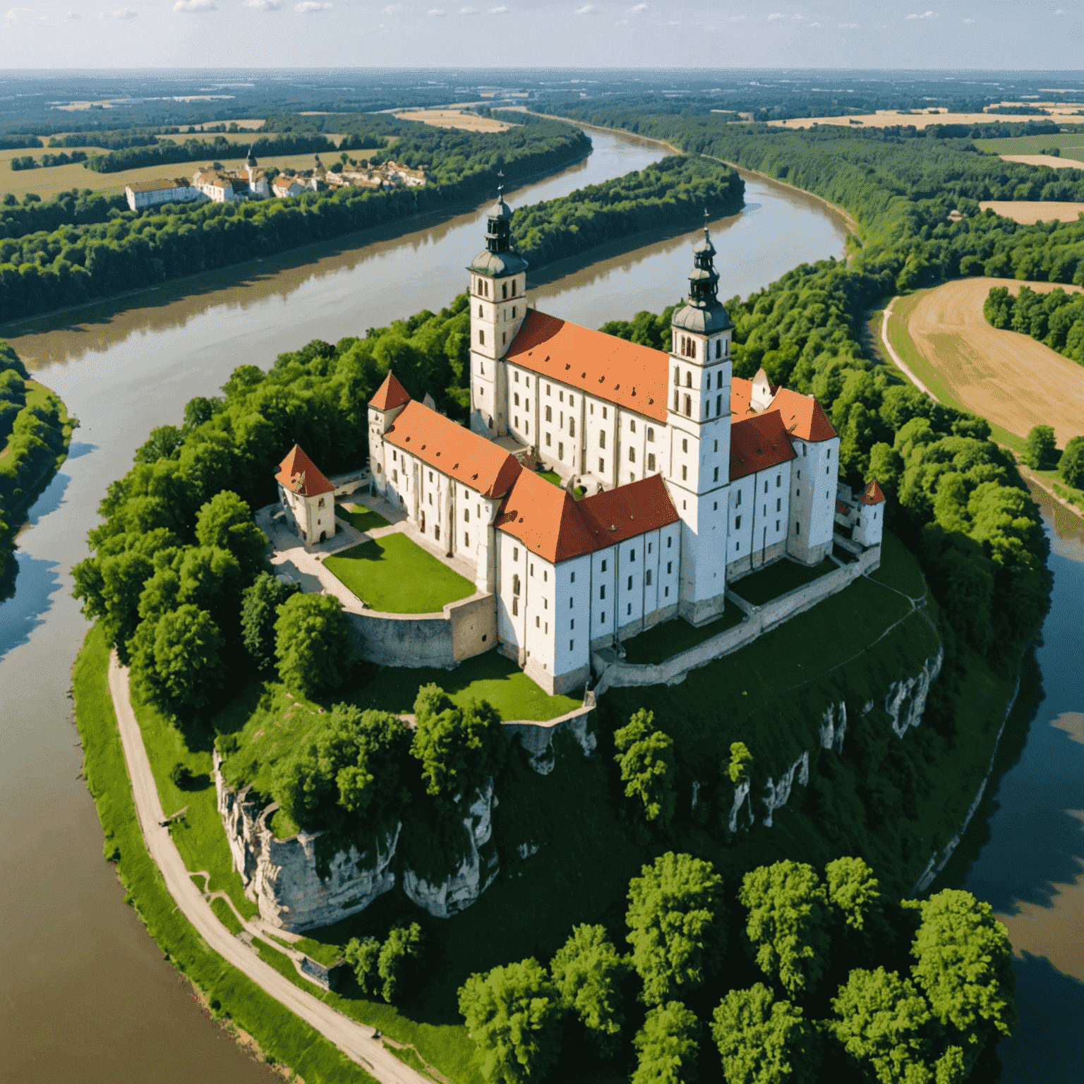 Aerial view of Tyniec Abbey situated on a cliff above the Vistula River, surrounded by lush green forests