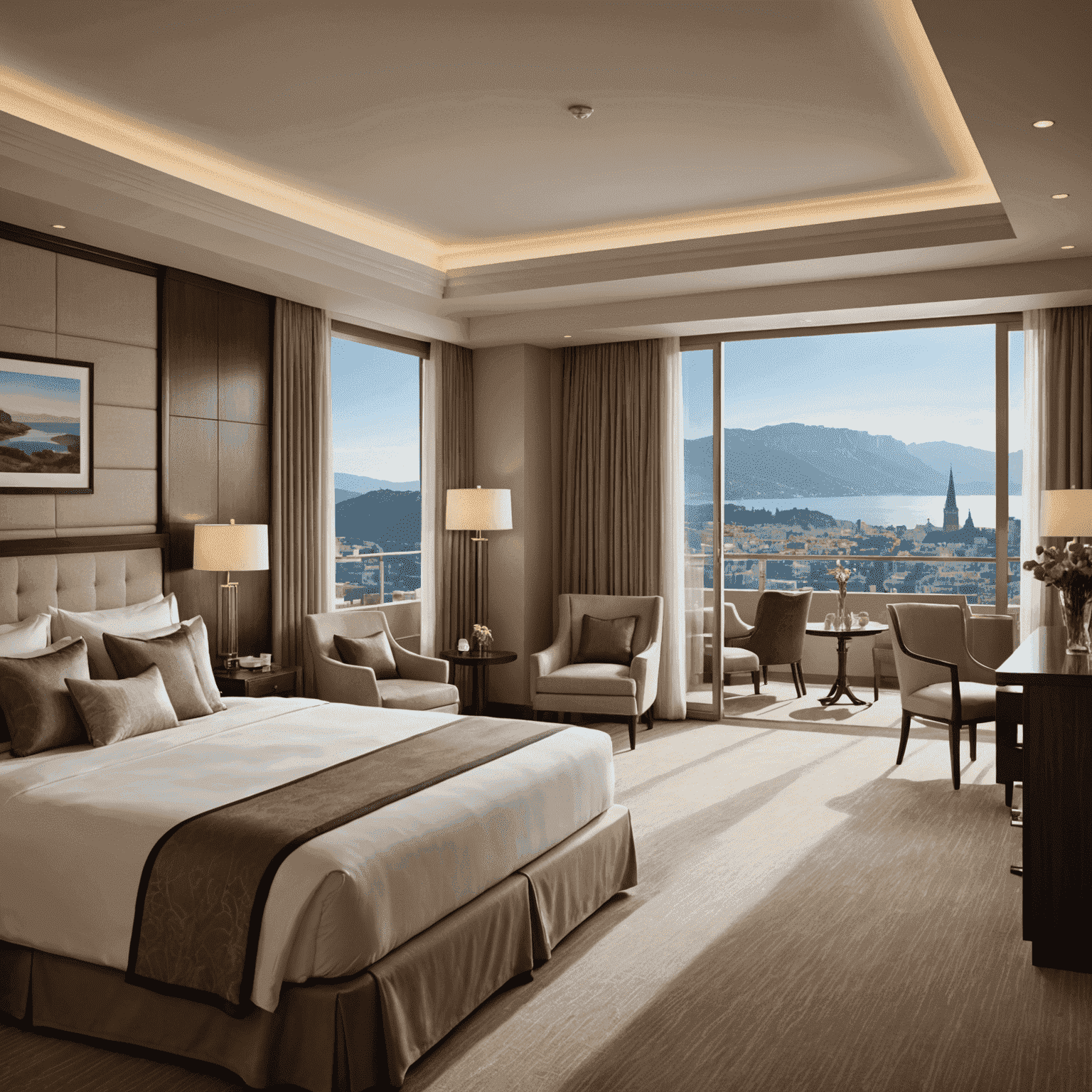 A luxurious hotel room with a panoramic view, representing comfortable accommodations and hotel reservations