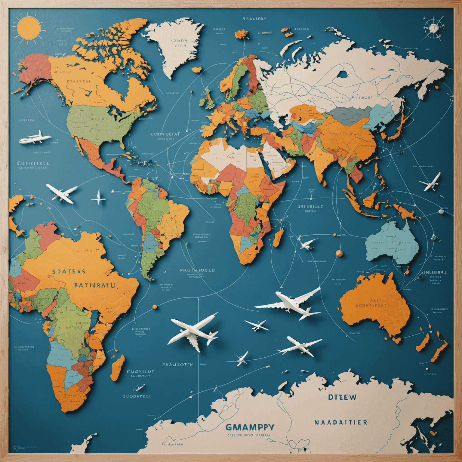 A world map with colorful flight routes connecting various destinations, symbolizing Gmpn's wide network of flight options