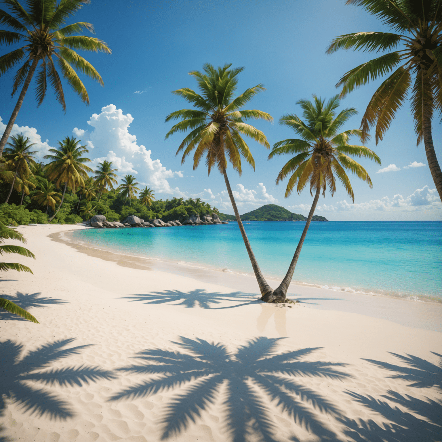 A serene beach with crystal clear water and palm trees