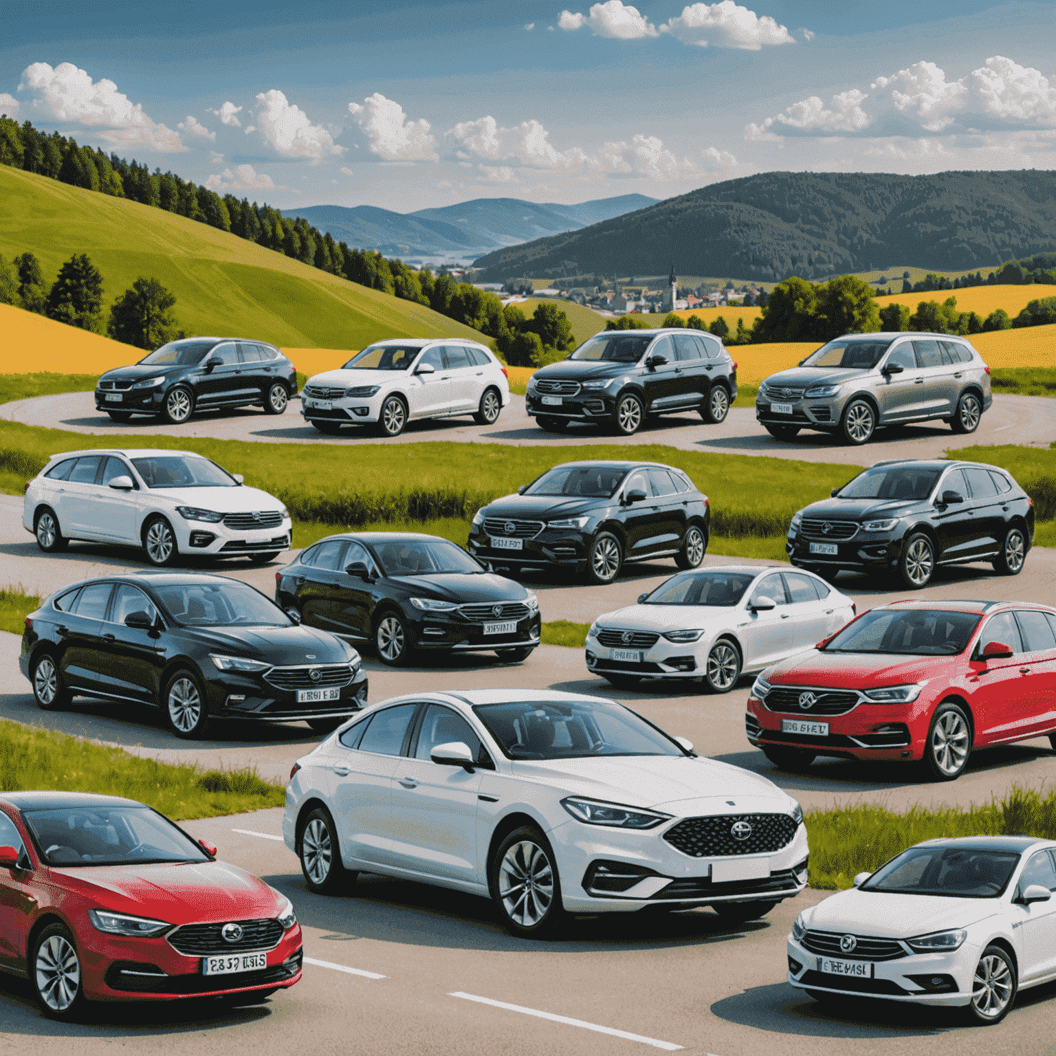 A collage of various car types available for rent, including compact cars, sedans, SUVs, and luxury vehicles. The image showcases the diversity of the rental fleet against a backdrop of Polish landscapes.