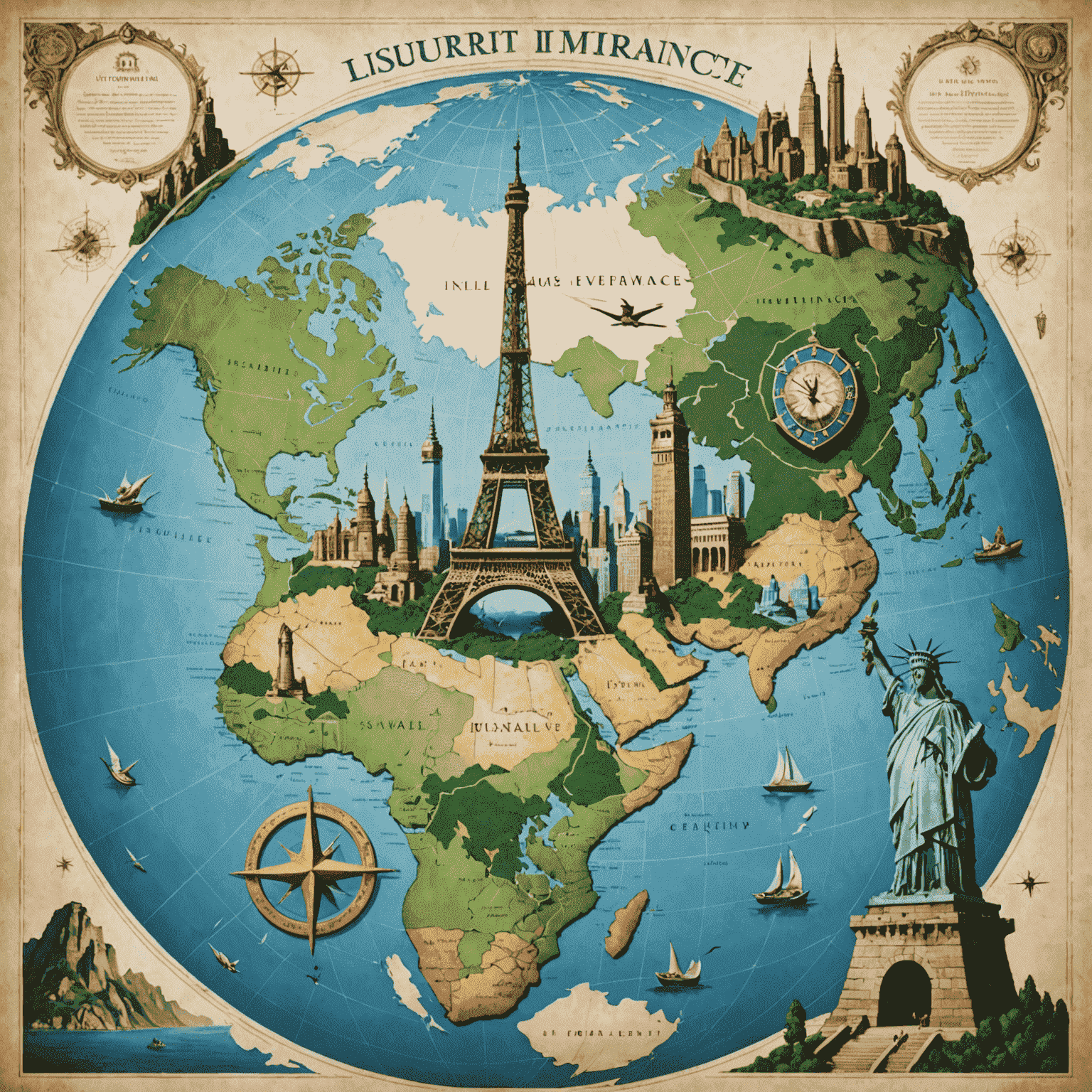 A world map with various landmarks like the Eiffel Tower, Statue of Liberty, and Great Wall of China, overlaid with a protective shield symbolizing insurance coverage