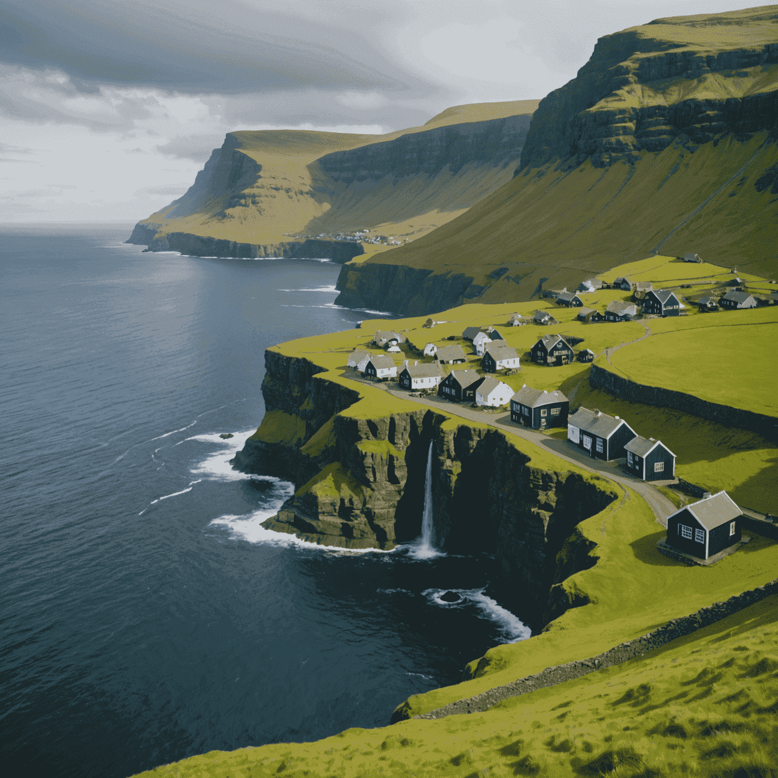 A breathtaking landscape of the Faroe Islands, showcasing dramatic cliffs, lush green hills, and a small, colorful village nestled by the sea