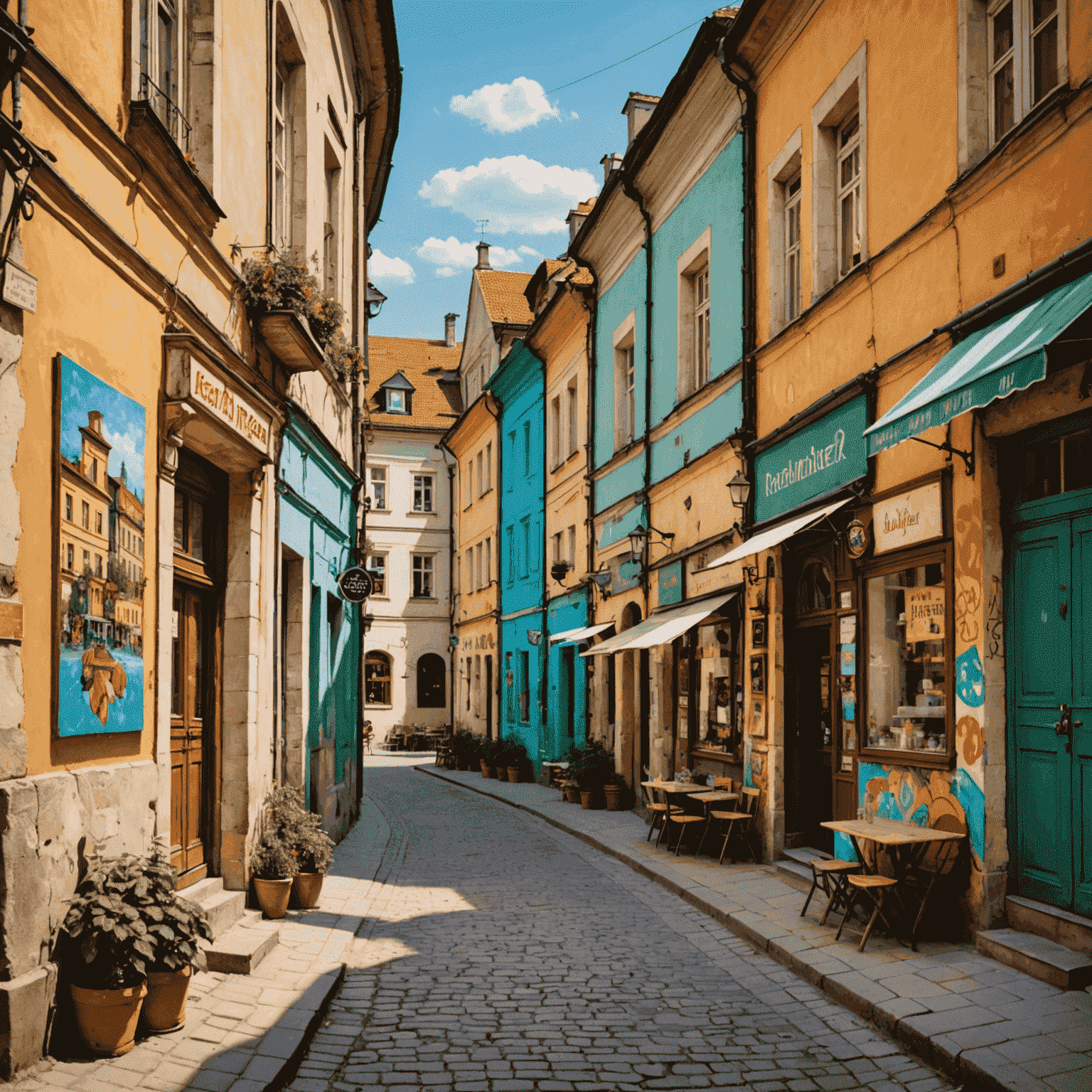 Colorful street in Kazimierz Jewish Quarter with vintage shops, cafes, and vibrant street art on building walls