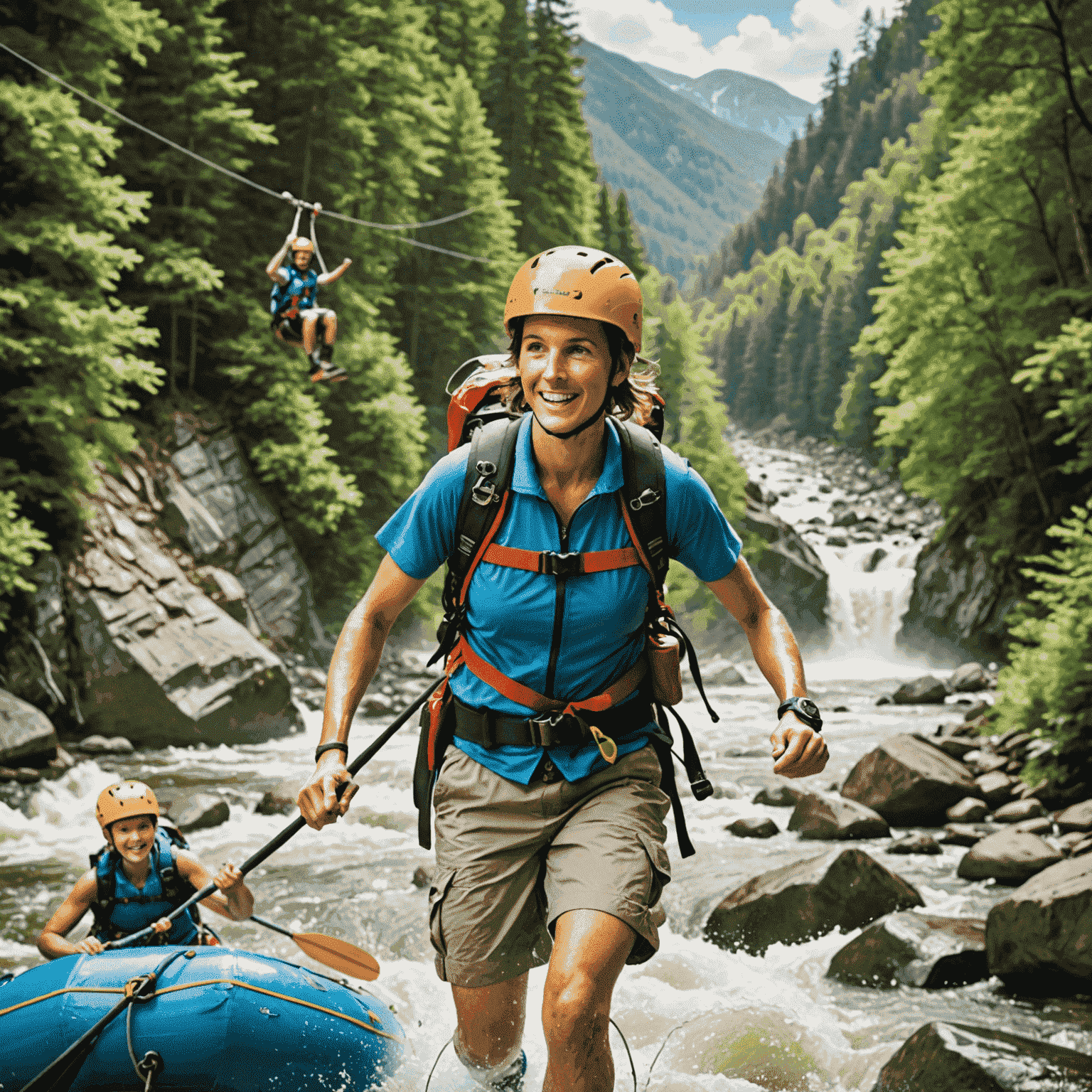 A montage of adventure activities like hiking, rafting, and zip-lining